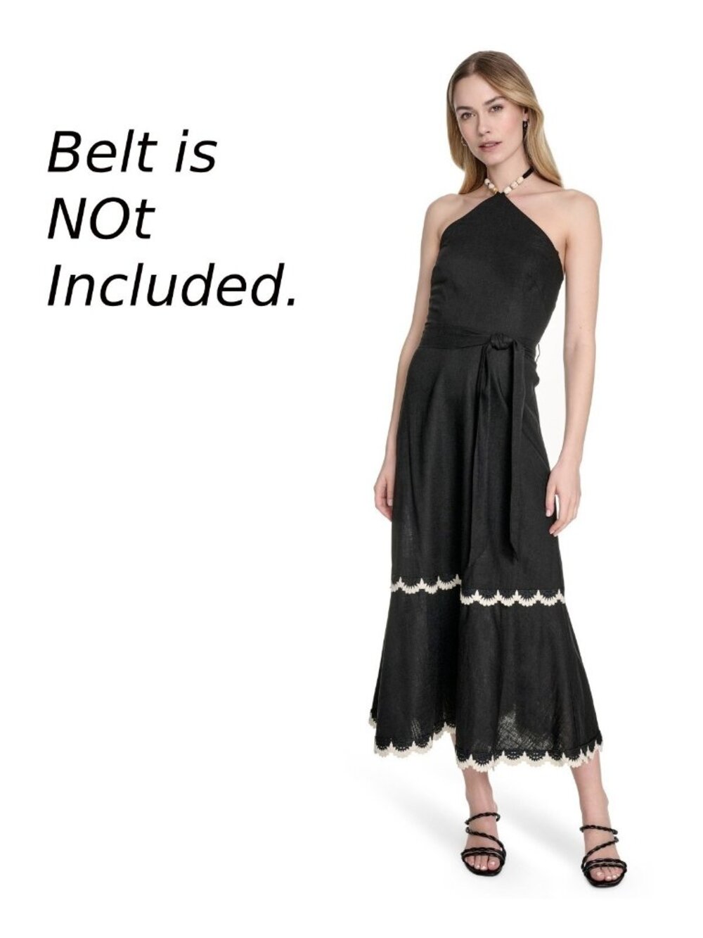 Eliza J *Missing Belt* Beaded Contrast-Trim Halter Midi Dress Black Size 8 $168